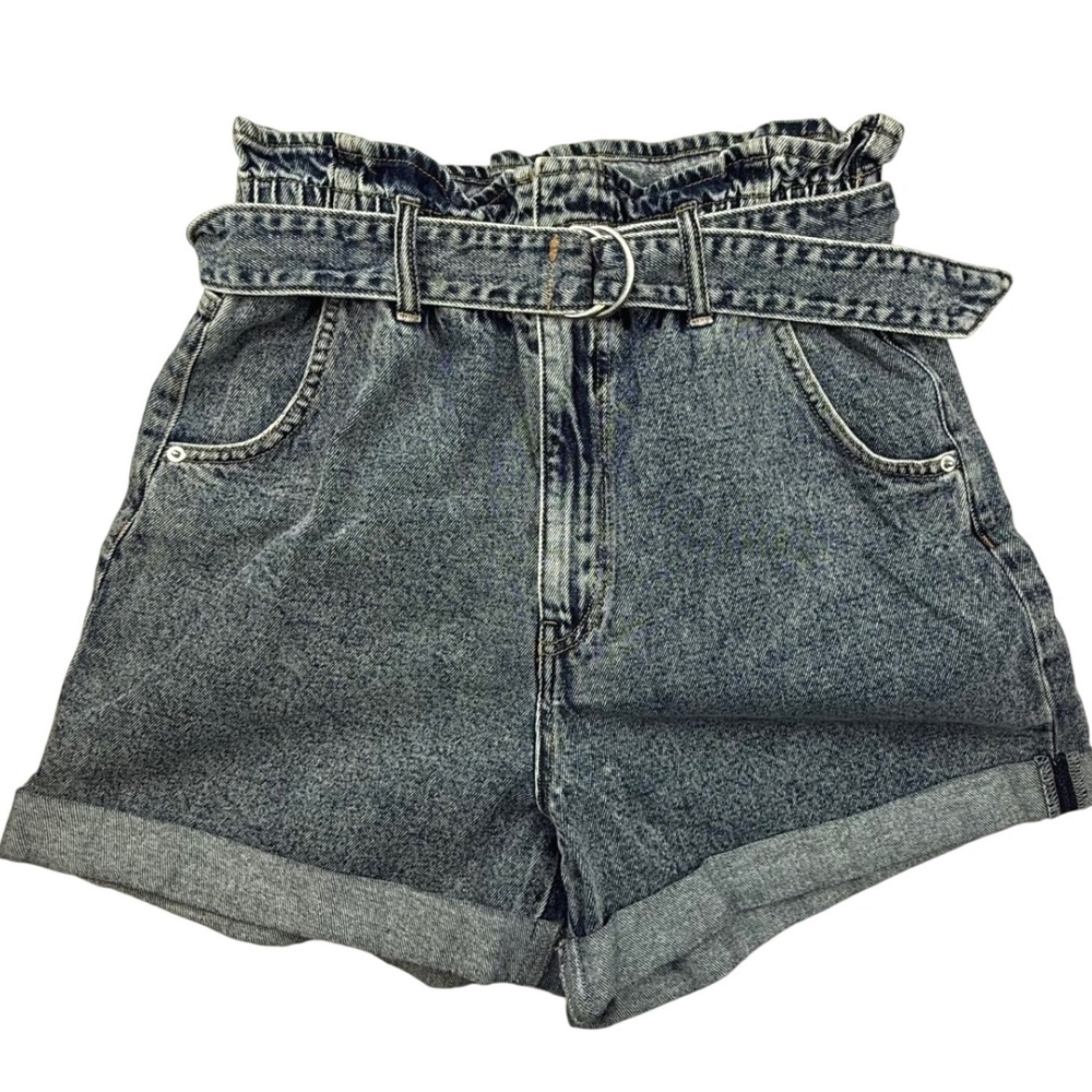 HM Paperbag Waist‎ Denim Shorts Medium Wash Blue Belted High Rise Retro Womens 6